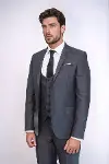 Düz Slim Fit Yelekli Füme Takım Elbise | Wessi-4