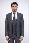 Düz Slim Fit Yelekli Füme Takım Elbise | Wessi-5