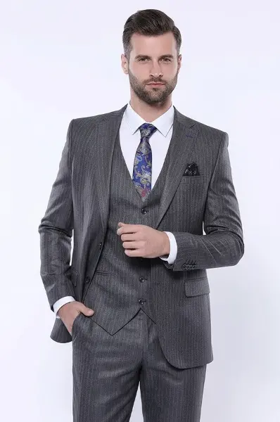 Çizgili Slim Fit Gri Yelekli Takım Elbise | Wessi - Wessi
