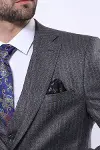 Çizgili Slim Fit Gri Yelekli Takım Elbise | Wessi - Wessi-3