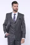 Çizgili Slim Fit Gri Yelekli Takım Elbise | Wessi - Wessi-5