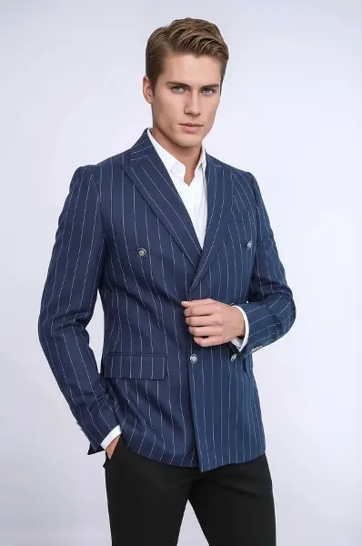 Kruvaze Slim Fit Çizgili Lacivert Erkek Ceket - Wessi