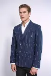 Kruvaze Slim Fit Çizgili Lacivert Erkek Ceket - Wessi-4
