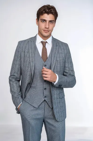 Ekose Lacivert Desen Slim Fit Yelekli Takım Elbise | Wessi