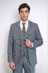 Ekose Lacivert Desen Slim Fit Yelekli Takım Elbise | Wessi-4