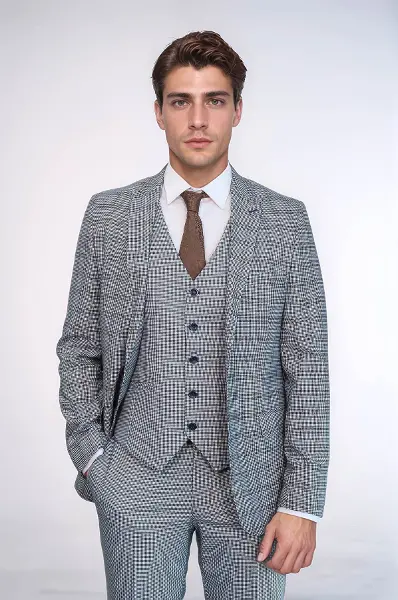 Ekose Slim Fit Açık Mavi Erkek Takım Elbise - Wessi