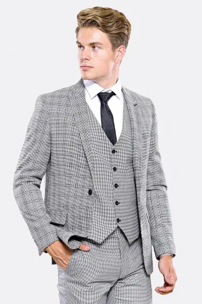 Ekose Gri Yelekli Slim Fit Takım Elbise | Wessi