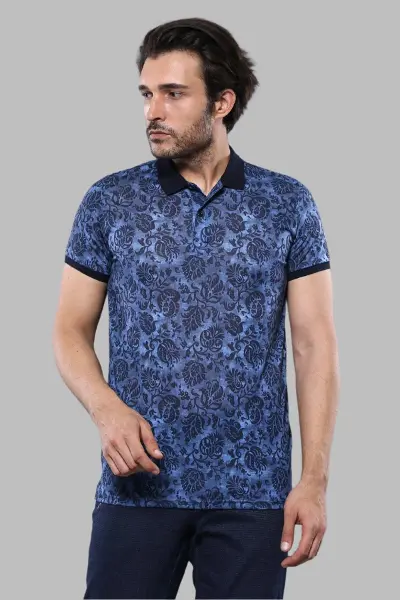 Çiçek Desenli Mavi Polo Yaka T-shirt | Wessi