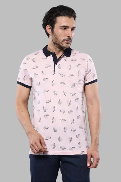 Çiçek Desenli Pembe Polo Yaka T-shirt | Wessi