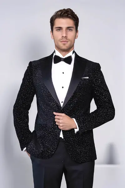 Leopar Desenli Slim Fit Siyah Erkek Smokin Ceket - Wessi