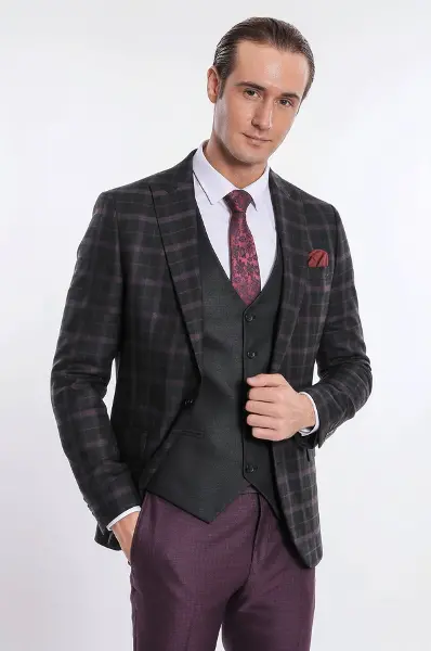 Mor Yelekli Slim Fit Ekose Siyah Erkek Takım Elbise - Wessi