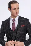 Mor Yelekli Slim Fit Ekose Siyah Erkek Takım Elbise - Wessi-2