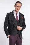 Mor Yelekli Slim Fit Ekose Siyah Erkek Takım Elbise - Wessi-1