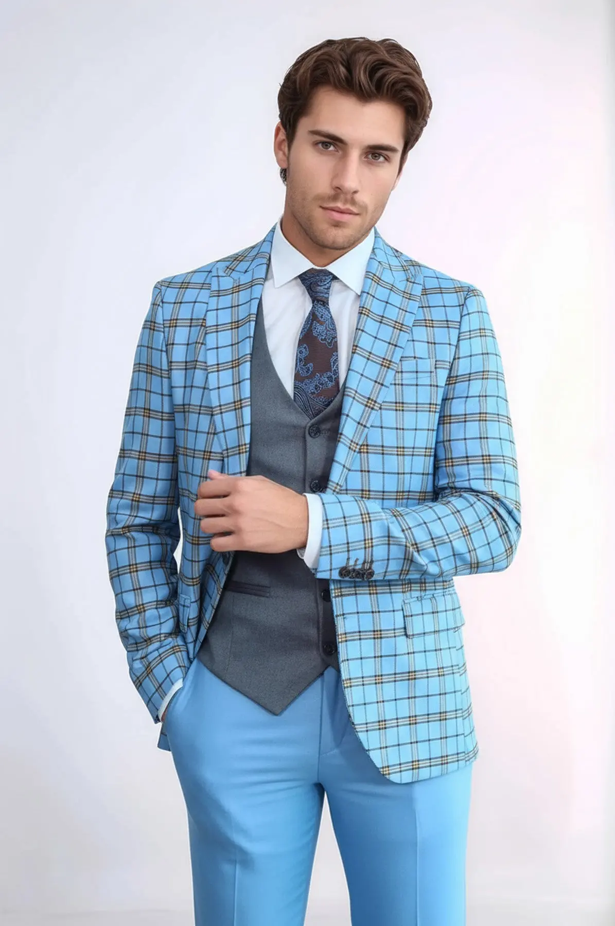 Gri Yelekli Slim Fit Ekose Açık Mavi Erkek Takım Elbise - Wessi