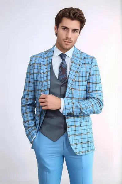 Gri Yelekli Slim Fit Ekose Açık Mavi Erkek Takım Elbise - Wessi