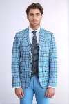 Gri Yelekli Slim Fit Ekose Açık Mavi Erkek Takım Elbise - Wessi-2