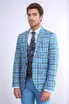 Gri Yelekli Slim Fit Ekose Açık Mavi Erkek Takım Elbise - Wessi-3