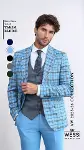 Gri Yelekli Slim Fit Ekose Açık Mavi Erkek Takım Elbise - Wessi-5