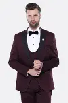 Çıkma Yaka Yelekli Bordo Damatlık Takım Elbise | Wessi-1