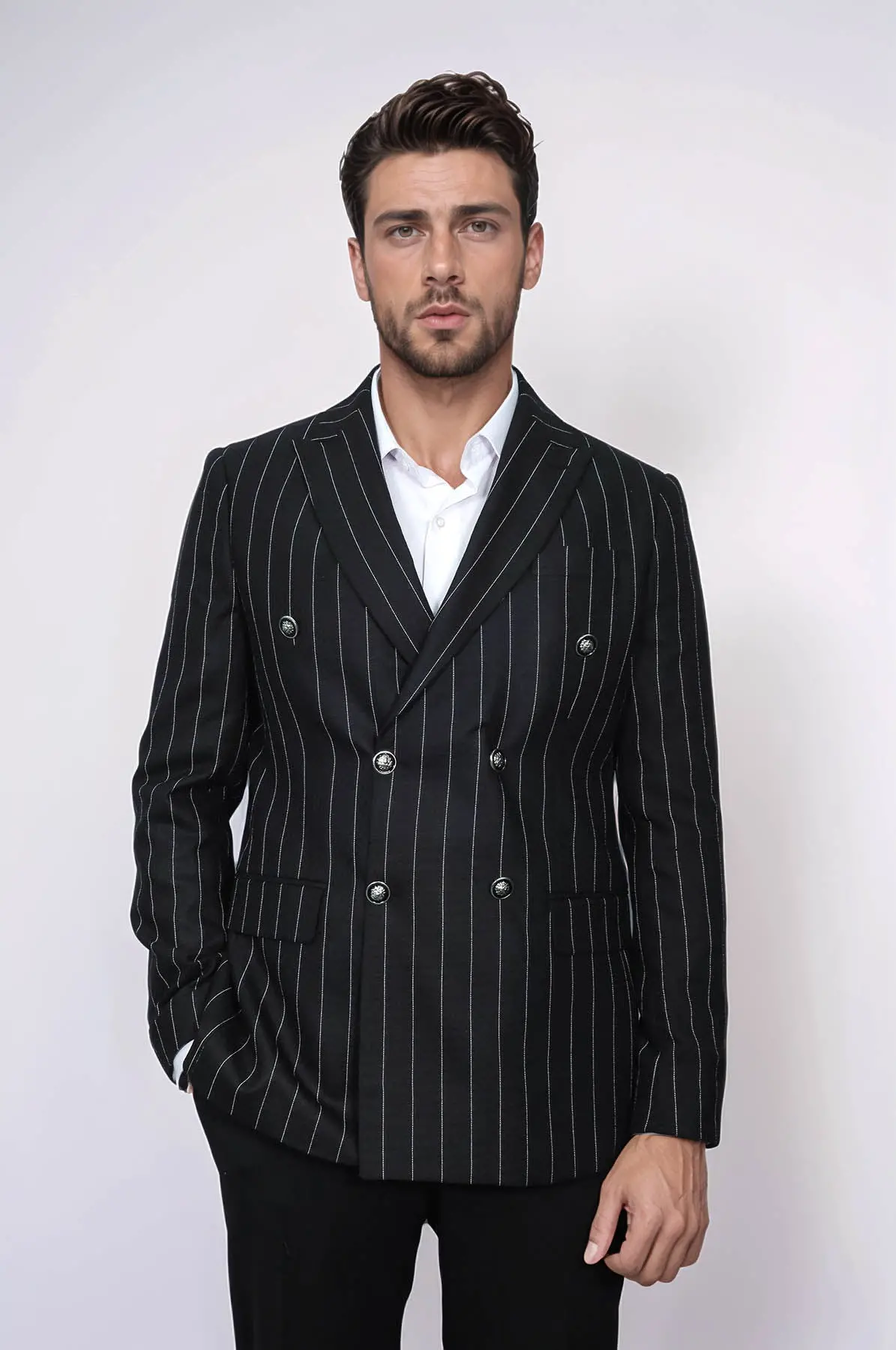 Kruvaze Slim Fit Çizgili Siyah Erkek Ceket - Wessi