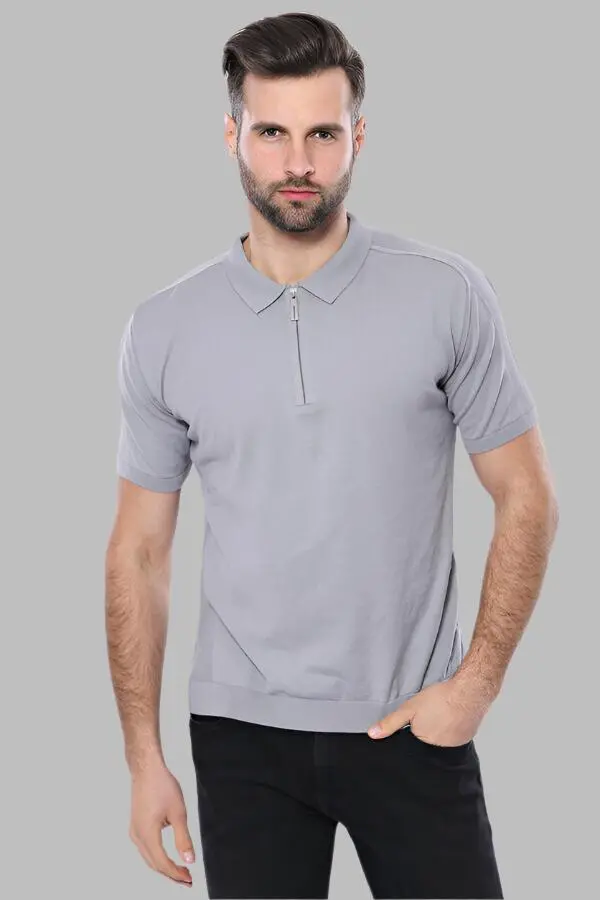 Polo Yaka Düz Gri Örme T-shirt | Wessi