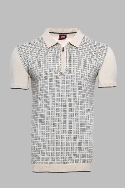 Polo Yaka Krem Desenli Fermuarlı Örme T-shirt | Wessi