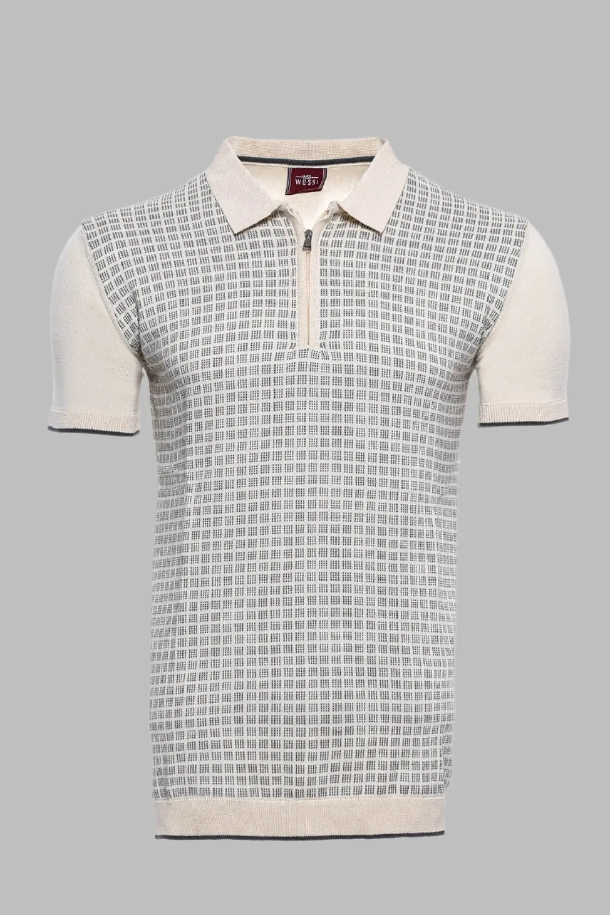 Polo Yaka Krem Desenli Fermuarlı Örme T-shirt | Wessi
