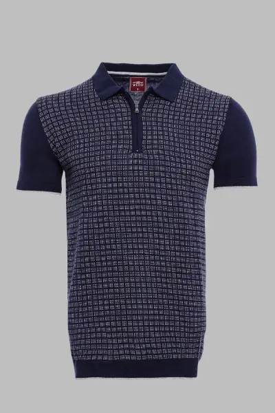 Polo Yaka Lacivert Desenli Fermuarlı Örme T-shirt | Wessi