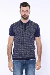 Polo Yaka Lacivert Desenli Fermuarlı Örme T-shirt | Wessi-5