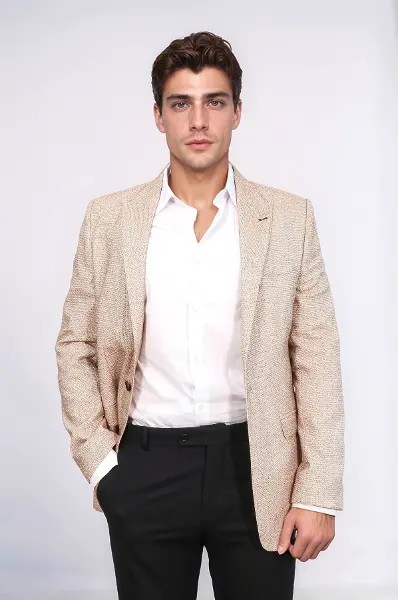 Kendinden Desenli Slim Fit Açık Sarı Erkek Ceket - Wessi