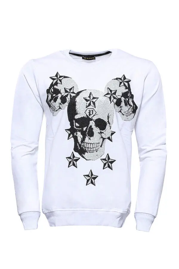 Baskılı Beyaz Bisiklet Yaka Sweatshirt - Wessi