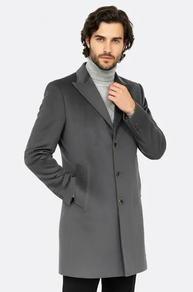 Süet Slim Fit Uzun Gri Erkek Kaban - Wessi