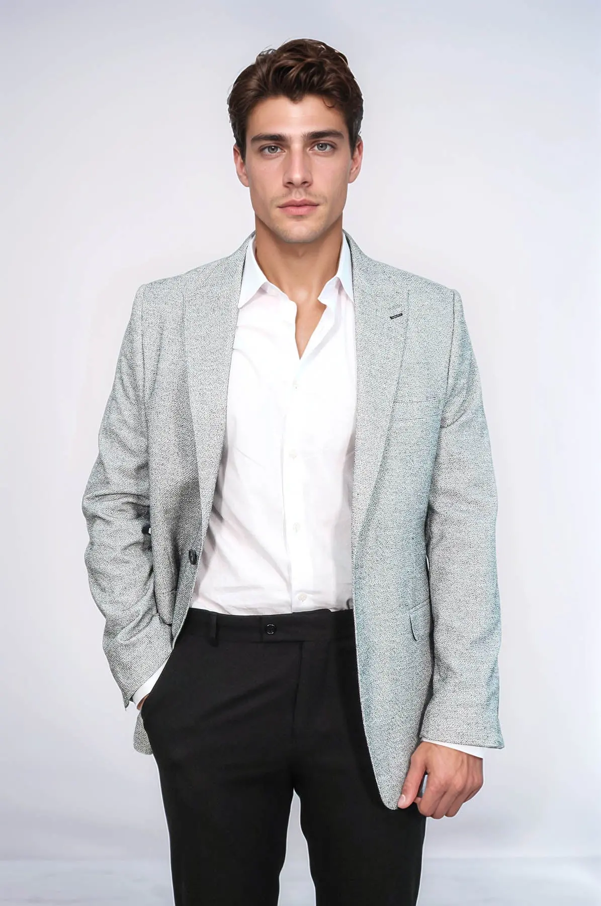Kendinden Desenli Slim Fit Gri Erkek Ceket - Wessi