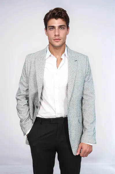 Kendinden Desenli Slim Fit Gri Erkek Ceket - Wessi