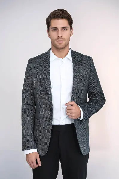 Kendinden Desenli Slim Fit Füme Erkek Ceket - Wessi