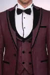 Velvet Yaka Desenli Yelekli Bordo Erkek Damatlık - Wessi-2