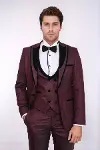 Velvet Yaka Desenli Yelekli Bordo Erkek Damatlık - Wessi-1