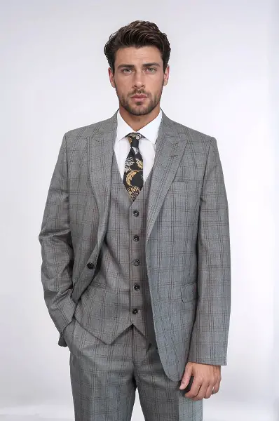 Ekose Desen Slim Fit Gri Erkek Takım Elbise - Wessi