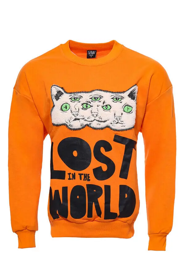 Oranj Baskılı Desenli Bisiklet Yaka Sweatshirt - Wessi