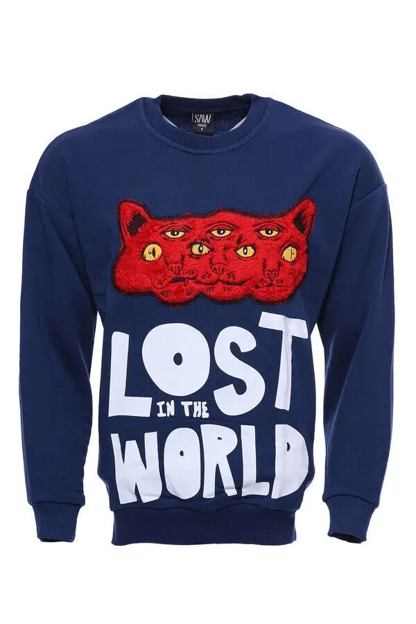 Lacivert Baskılı Desenli Bisiklet Yaka Sweatshirt - Wessi