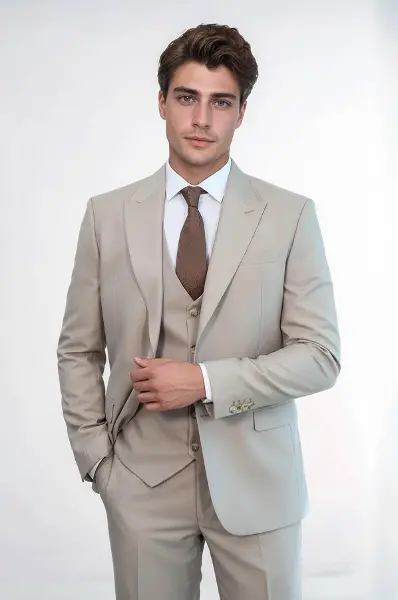 Desensiz Yelekli Slim Fit Açık Kahverengi Erkek Takım Elbise - Wessi