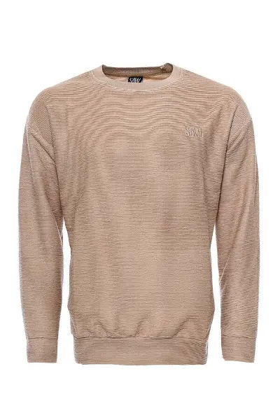 Yatay İnce Çizgili Bej Erkek Sweatshirt - Wessi