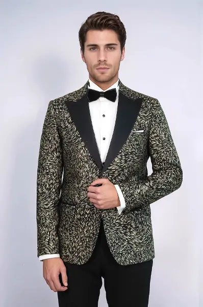 Tüy Desenli Slim Fit Siyah Erkek Smokin Ceket - Wessi