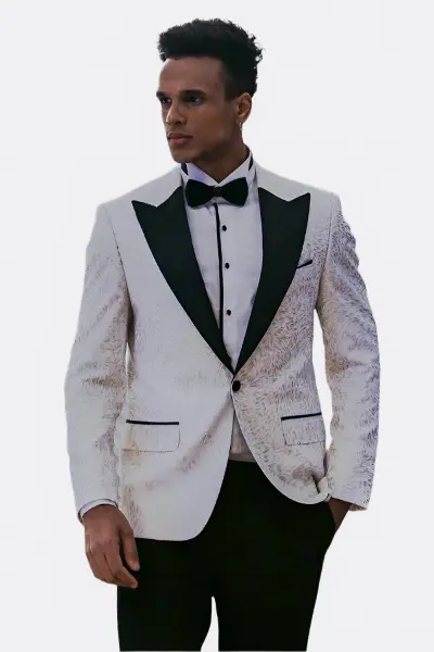 Tüy Desenli Slim Fit Beyaz Erkek Smokin Ceket - Wessi