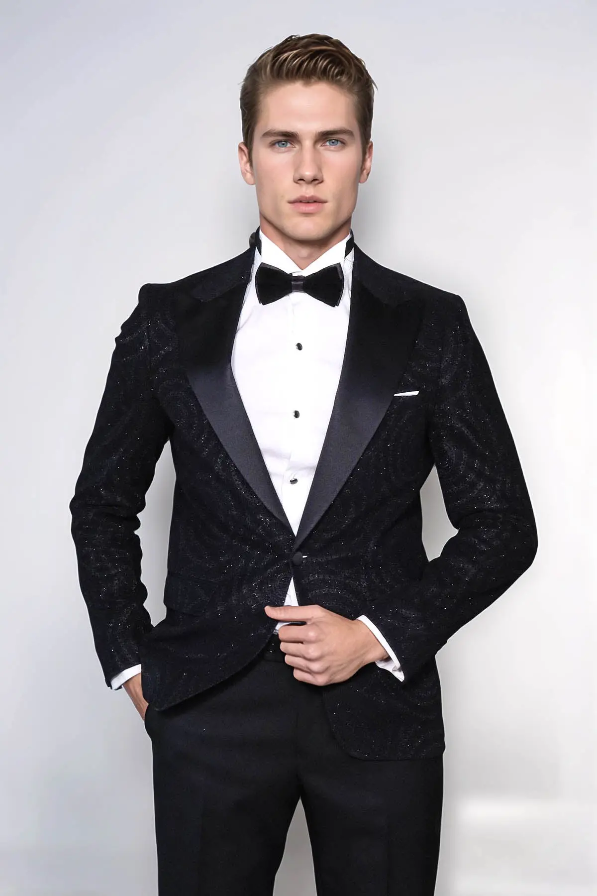 Hipnoz Desen Sivri Yaka Slim Fit Siyah Erkek Smokin Ceket - Wessi