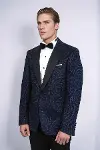 Hipnoz Desen Sivri Yaka Slim Fit Lacivert Erkek Smokin Ceket - Wessi-3