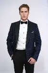 Hipnoz Desen Sivri Yaka Slim Fit Lacivert Erkek Smokin Ceket - Wessi-1