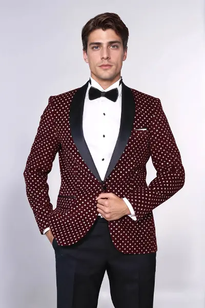 Nokta Desenli Slim Fit Bordo Erkek Smokin Ceket - Wessi