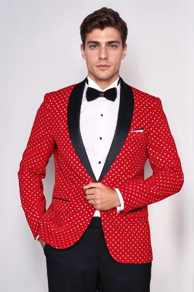 Nokta Desenli Slim Fit Kırmızı Erkek Smokin Ceket - Wessi