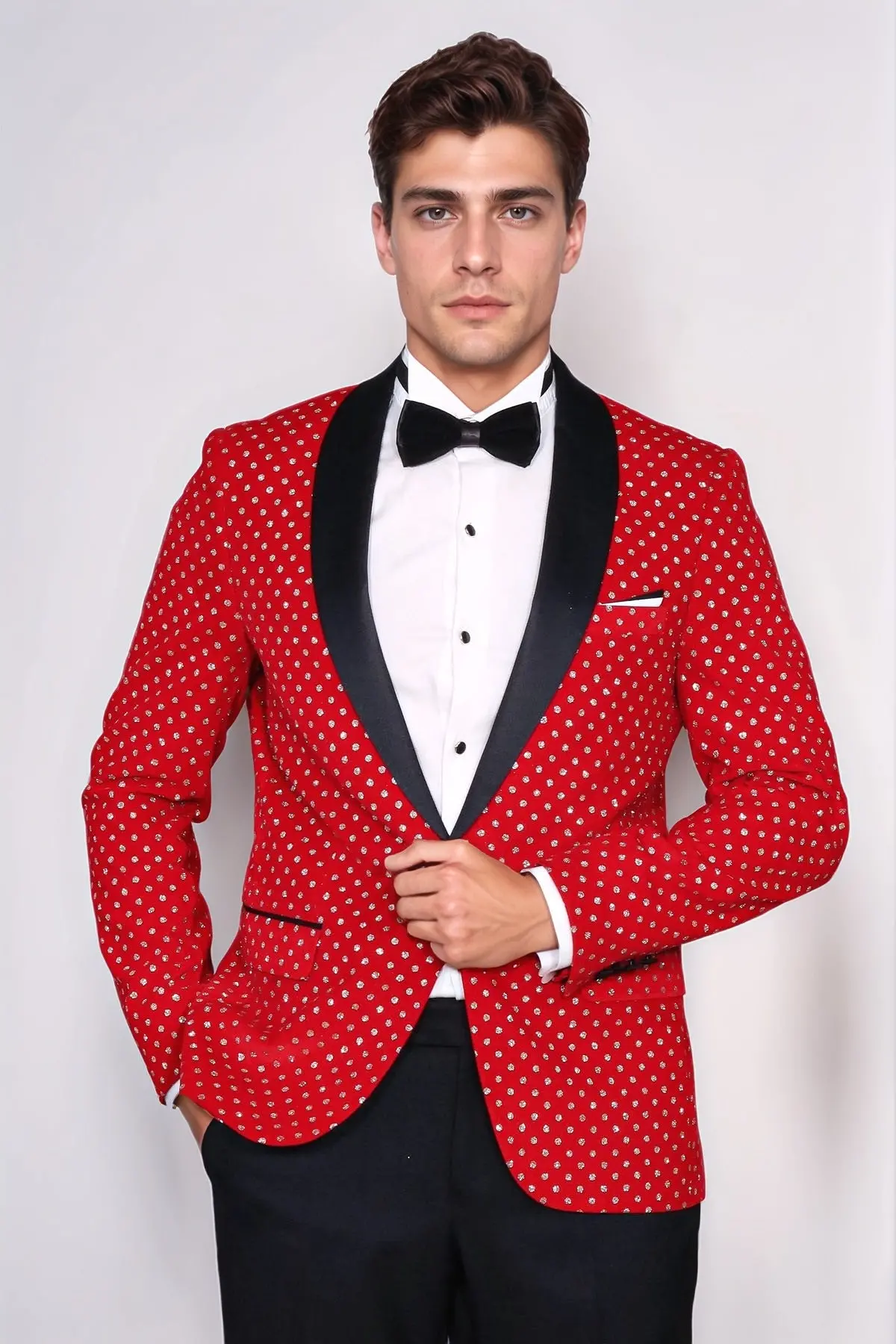 Nokta Desenli Slim Fit Kırmızı Erkek Smokin Ceket - Wessi